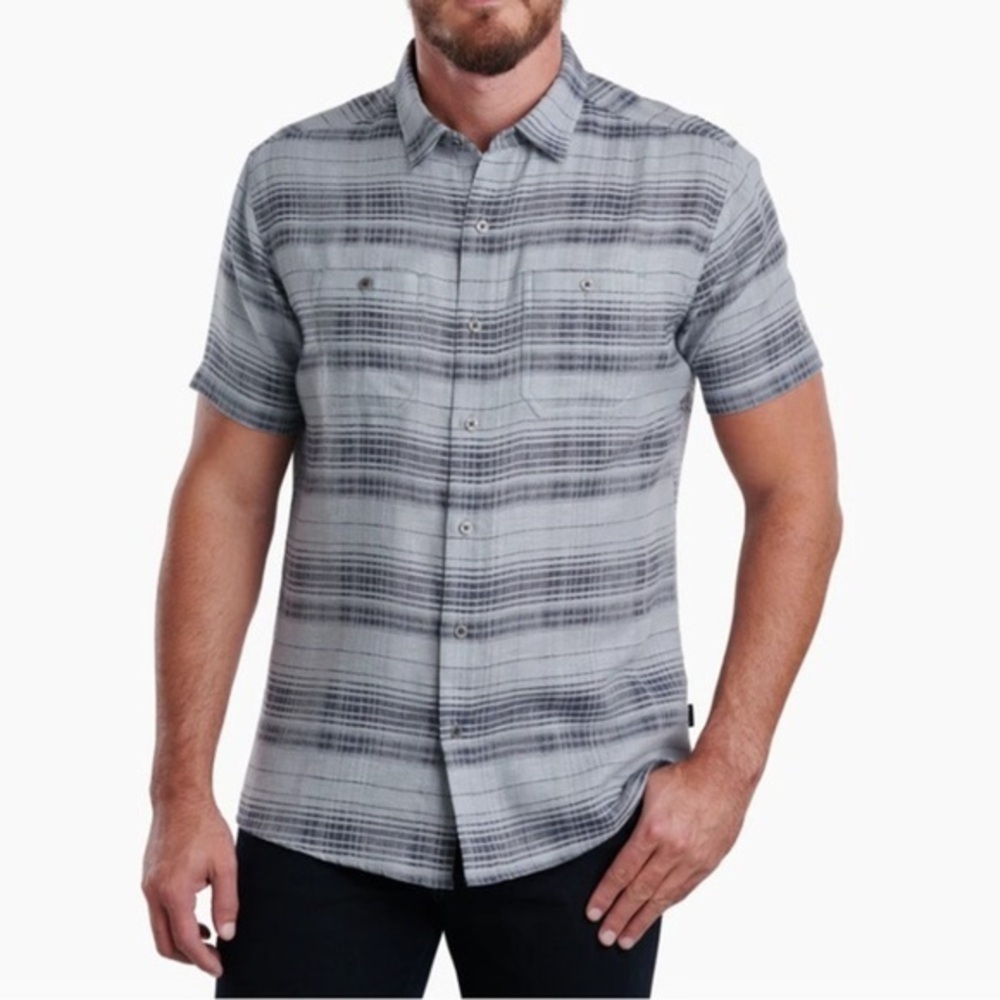 KUHL Skorpio Cotton Linen Blend Button Down Short Sleeve Plaid Gray Shirt S